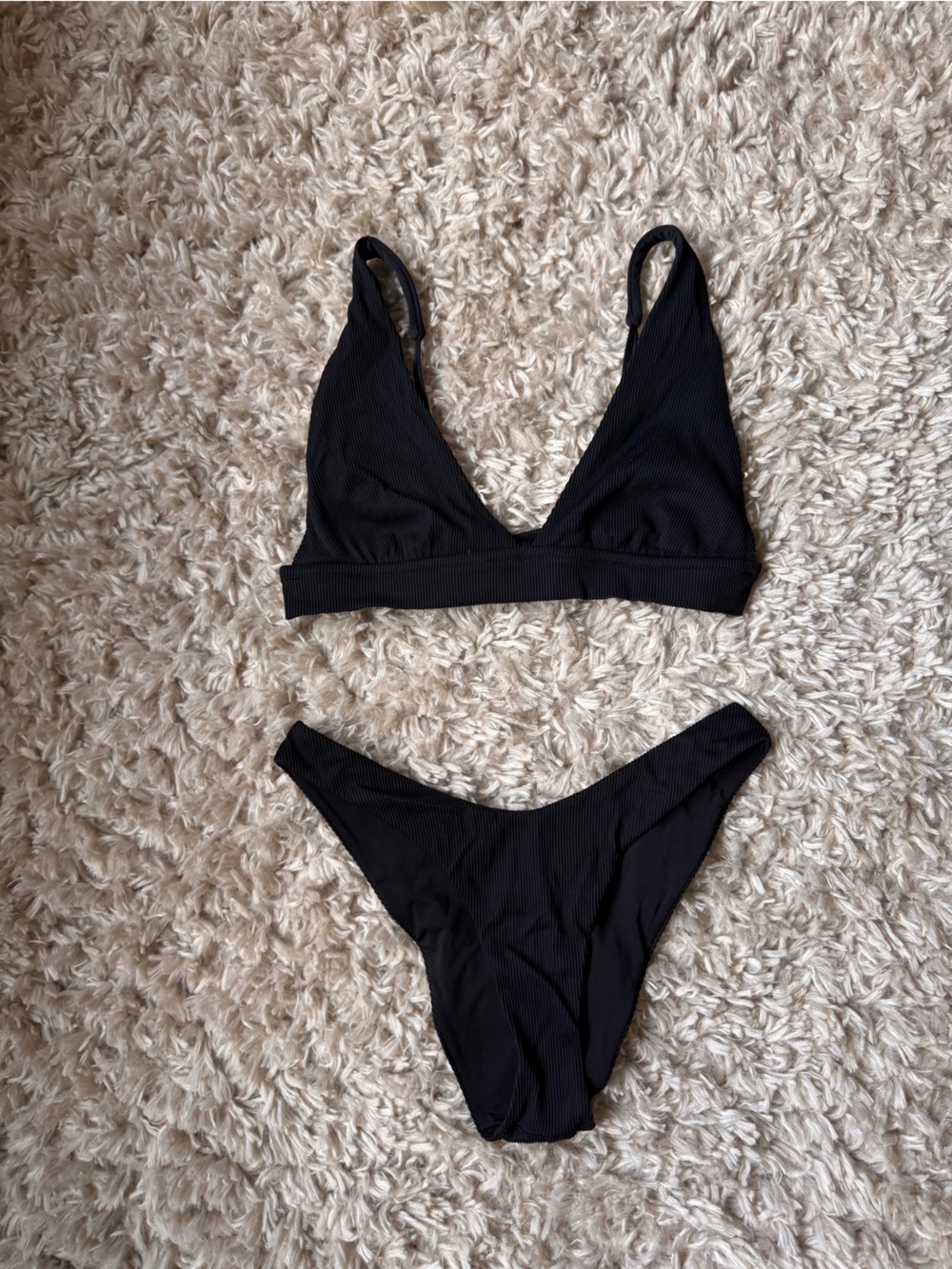 aerie Black Ribbed Triangle Bikini Set